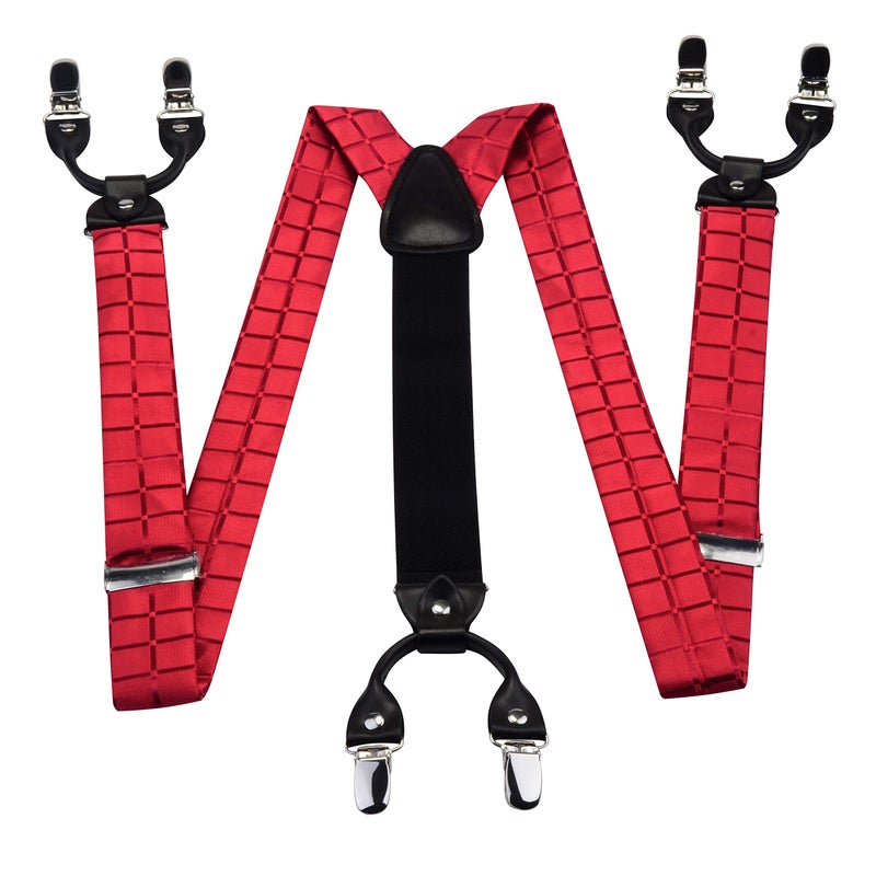 GUSLESON Mens Wedding Red Suspenders Pre-tied Bow Tie and Pocket Square Set Male Plaid Adjustable Tuxedo Suspender (0102-13) - Image 2